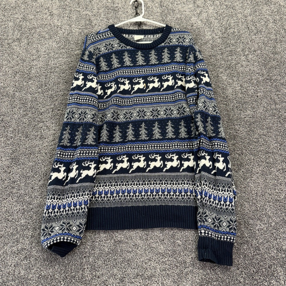 Aspen Sweater Mens Extra Large Blue Fair Isle Reindeer Christmas Holiday Cotton
